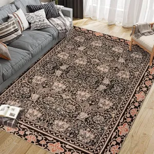 Area Rug Vintage Floral Printed Non-Slip Low Pile Machine Washable Carpet for Living Room Bedroom Laundry Dining Farmhouse Brown 10x13Ft