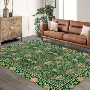 Area Rug Vintage Floral Carpet Machine Washable Non-Slip Low Pile for Living Room Bedroom Green 9x12Ft