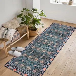 Area Rug Vintage Floral Carpet Machine Washable Non-Slip Low Pile Blue 2x6Ft for Living Room Bedroom Dining Farmhouse