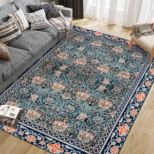Area Rug Vintage Floral Carpet Machine Washable Non-Slip Low Pile for Living Room Bedroom 8x10Ft Blue