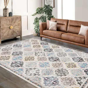 Boho Floral Checkerboard Washable Area Rug Non-Slip Accent Carpet for Bedroom Living Room Kitchen Office 5x7Ft Beige