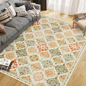 Boho Floral Checkerboard Washable Area Rug for Bedroom Living Room, Non-Slip Orange 8x10Ft