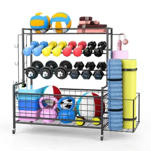 Home Gym Storage Rack,Dumbbell Rack,Gym Equipment Organizer Rack for Dumbbells Kettlebells Yoga Mat, All In One Exercise Workout Equipment Storage With Wheels and Hooks for Home Gym