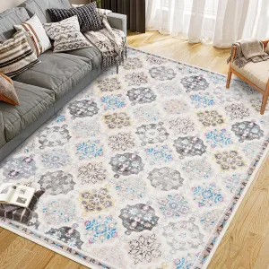 Boho Floral Checkerboard Washable Area Rug, Non-Slip Accent Carpet for Bedroom Living Room Kitchen Office, 8x10Ft Beige