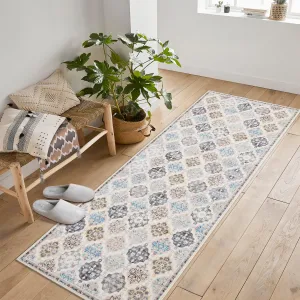 Boho Floral Checkerboard Washable Area Rug, Non-Slip Accent Carpet for Bedroom Living Room Kitchen Office, 2x6Ft Beige
