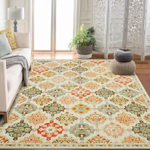Boho Floral Checkerboard Washable Area Rug Orange 5x7Ft, Non-Slip, Soft Faux Wool for Bedroom Living Room Kitchen Office Bathroom