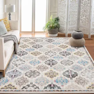 Boho Floral Checkerboard Washable Area Rug, Non-Slip Rug for Bedroom Living Room Kitchen Office, Beige 10x13Ft