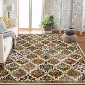 Boho Floral Checkerboard Washable Area Rug Non-Slip Accent Carpet for Bedroom Living Room Kitchen Office Brown 10x13Ft