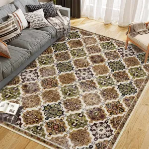 Boho Floral Checkerboard Washable Area Rug for Bedroom Living Room, Non-Slip Brown 9x12Ft