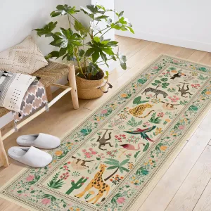 2x6 Washable Kitchen Runner Rug With Non Slip Backing, Soft Low Pile Vintage Animal Design For Hallway, Bedroom, Kitchen, Entryway, Beige