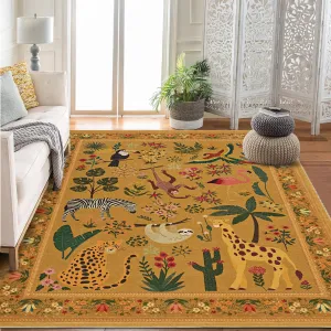 8x10 Washable Animal Living Room Rug With Non Slip Vintage Design, Soft Low Pile Large Carpet For Bedroom Nursery Dining Room Kids Room, Yellow
