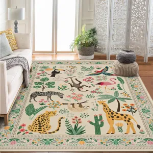 10x13 Washable Animal Living Room Rug Non Slip Vintage Design Beige Low Pile Large Carpet for Bedroom Nursery Dining Room