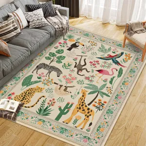 5x7 Washable Animal Living Room Rug With Non Slip Vintage Design Beige, Soft Low Pile Carpet For Bedroom Nursery Dining Room Playroom Kids Room