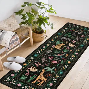 2x6 Washable Kitchen Runner Rug with Non Slip Backing, Soft Low Pile Vintage Animal Design for Hallway, Bedroom, Black