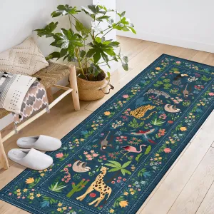 2x6 Washable Kitchen Runner Rug with Non Slip Backing, Soft Low Pile Vintage Animal Design for Bedroom, Kitchen, Hallway, Green