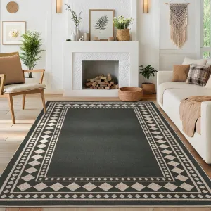 10x13 Modern Area Rug Black Bordered Stain Resistant Large Living Room Rug