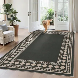 Indoor Black Room Decor Washable Low Pile Non Slip Foldable Area Rug for Living Room Bedroom Office 5x7 ft
