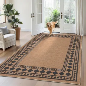 Solid Bordered Easy Jute Rug 5x7 Washable Non-Slip Indoor Outdoor Patio Rug