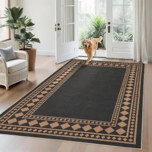 Solid Bordered Easy Jute Rug 5x7 Washable Indoor Outdoor Non-Slip Neutral Black Brown