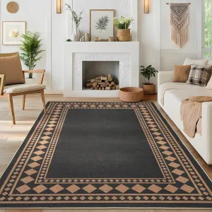 Modern 8x10 Area Rug Soft Black Coffee Printed Thin Carpet for Bedroom and Living Room, Durable Stain-Resistant Low Pile, Non-Slip Backing