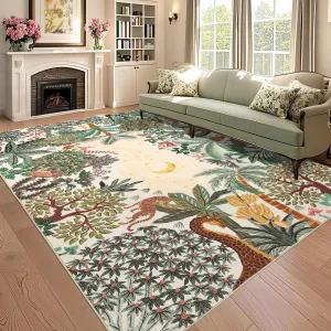Jungle Animal Print Area Rug 10x13 Non-Slip Stain Resistant Soft Durable Polyester Botanical Design Indoor Living Room Bedroom
