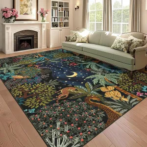 Jungle Blue 9x12 Living Room Rug Botanical Animal Print Washable Ultra Thin Soft Non-Slip Backing Kids Nursery Carpet