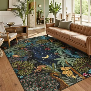 Jungle Animal Area Rug 8x10 - Soft Faux Wool, Non-Slip Rubber Backing, Machine Washable, Low Profile, Indoor Living Room & Bedroom Decor