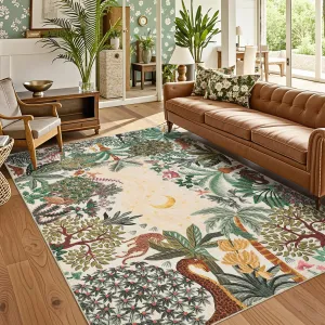 Jungle Area Rug 5x7 Washable Soft Faux Wool Non Slip Rubber Backing Low Profile Indoor Living Room Bedroom Dining Room