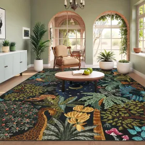 Large 10x13 Jungle Animal Rug, Soft Faux Wool, Machine Washable, Non-Slip Rubber Backing, Low Profile, Indoor Living Room & Bedroom Decor