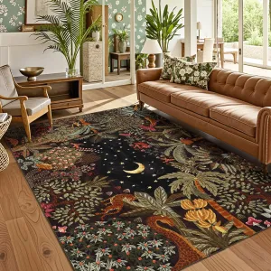 Jungle Animal Area Rug 8x10 Soft Faux Wool, Machine Washable, Non Slip Rubber Backing, Low Profile, Indoor Living Room Decor