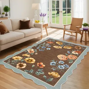 Scalloped Floral Area Rug 9x12 Non Slip Washable Low Pile Hypoallergenic Soft Brown Farmhouse Nursery Living Room