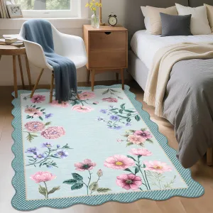 Floral Blue 8x10 Rug Botanical Print Washable Ultra Thin Non Slip TPE Rubber Backing Living Room Bedroom Nursery