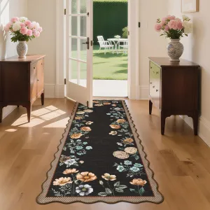 Floral Scalloped Kitchen Runner Rug 2x6 Non-Slip Machine Washable Polyester Low-Pile Stain Resistant Soft Faux Wool for Hallway Bathroom Bedroom