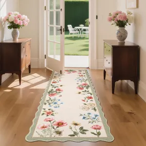 Floral Scalloped Kitchen Runner Rug 2x6 Low-Pile Machine Washable Faux Wool Non-Slip Stain Resistant Boho Hallway Bedroom Bathroom