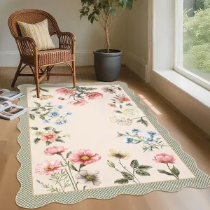 Floral Scalloped Living Room Rug 5x7, Ultra-Thin Soft Faux Wool, Machine Washable Non-Slip, Stain Resistant Low-Pile Carpet for Bedroom Dining Room Nursery