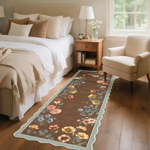 Floral Botanical 2x6 Runner Non Slip Washable Low Pile Ultra Thin Stain Resistant Brown Rug for Hallways Kitchen Entryway