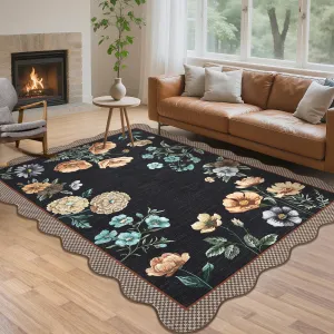 Black Floral 10x13 Living Room Rug Washable Soft Non Slip Botanical Area Rug Scalloped Cute Carpet for Nursery Playroom Girls Room Indoor Farmhouse Office