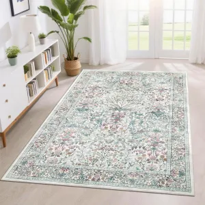 Large Area Rug 9x12 Washable Boho Vintage Floral Rug Beige for Living Room Bedroom Dining Room Kids Playroom