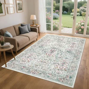 Farmhouse Floral Rug 5x7 Washable Non Slip Indoor Carpet Beige Low Pile Foldable