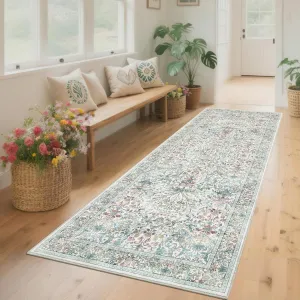 Washable 2x6 Runner Rug Floral Kitchen Non Slip Low-Pile Boho Carpet Beige for Hallway Nursery Office Dining Room Entryway
