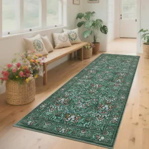 Washable 2x6 Runner Rug Floral Kitchen Non Slip Low-Pile Boho Carpet Green for Hallway Nursery Office Dining Room Entryway