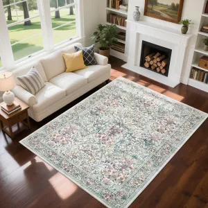 Large Area Rug 10x13 Washable Boho Vintage Floral Rug Stain-Resistant Soft Non Slip Low Pile Carpet Beige for Living Room Bedroom Dining Room Kids Playroom