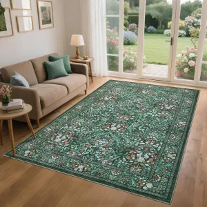 Farmhouse Floral Rug 5x7 Washable Non Slip Indoor Carpet Green for Living Room Bedroom Nursery