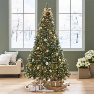 7.5ft Pre-lit Artificial Christmas Tree with 86 Frosted Pine Cones, Fake Christmas Tree with 750 Clear LED Lights, Stable Metal Base, Fluffy Xmas Tree, Easy Assembly