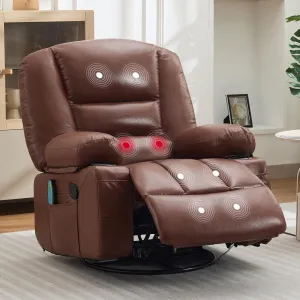 360° Swivel Rocker Chair with Cup Holders & Side Pocket, Wide Recliner Chair with Heat and Vibration Massage, PU Leather Manual Recliner Lazy Boy Chair for Adults, Brown