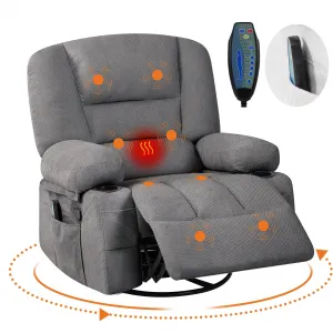 360° Swivel Rocker Chair with Cup Holders & Side Pocket, Wide Recliner Chair with Heat and Vibration Massage, Chenille Fabric Manual Recliner Lazy Boy Chair for Adults, Gray
