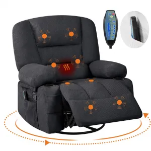 360° Swivel Rocker Chair with Cup Holders & Side Pocket, Wide Recliner Chair with Heat and Vibration Massage, Chenille Fabric Manual Recliner Lazy Boy Chair for Adults, Black