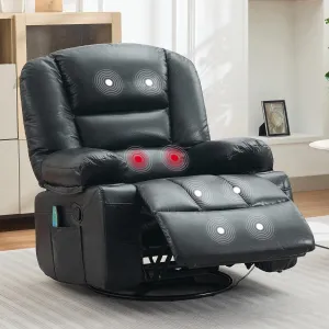 360° Swivel Rocker Chair with Cup Holders & Side Pocket, Wide Recliner Chair with Heat and Vibration Massage, PU Leather Manual Recliner Lazy Boy Chair for Adults, Black