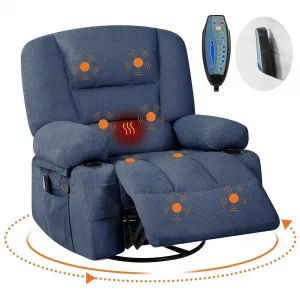 360° Swivel Rocker Chair with Cup Holders & Side Pocket, Wide Recliner Chair with Heat and Vibration Massage, Chenille Fabric Manual Recliner Lazy Boy Chair for Adults, Blue