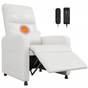 Power Recliner Chair with Massage and Heat, Adjustable Electric Recliner Ergonomic Overstuffed PU Leather Single Sofa, 2 Side Pockets & USB Port, Home Theater Seating for Living Room, White